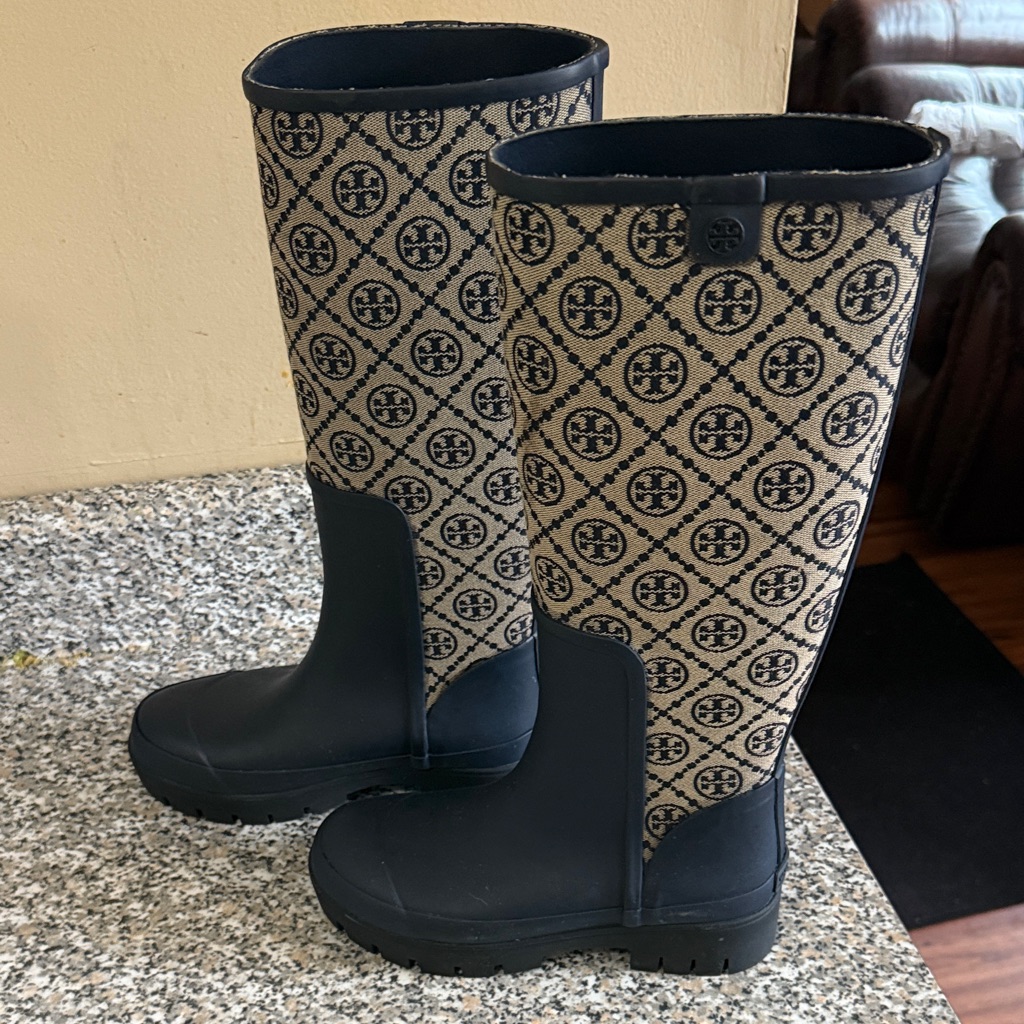 Tory Burch Black And Tan Patterned Rain Boots